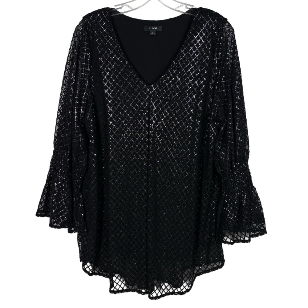 Alfani Black Silver Metallic V-Neck Flare Sleeve Blouse Plus Size 1X Office